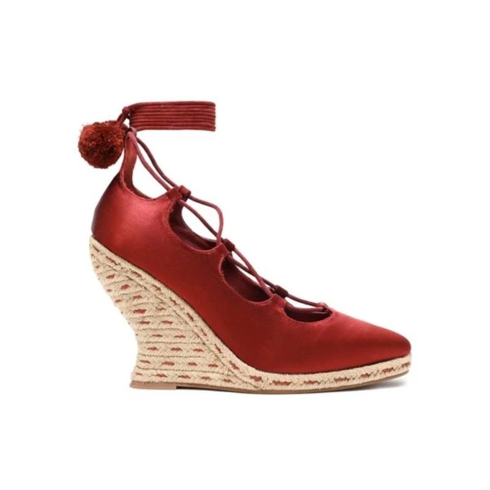 Tory Burch Red Pom‎ Pom Lace Up Satin Wedges Espadrille Size 7